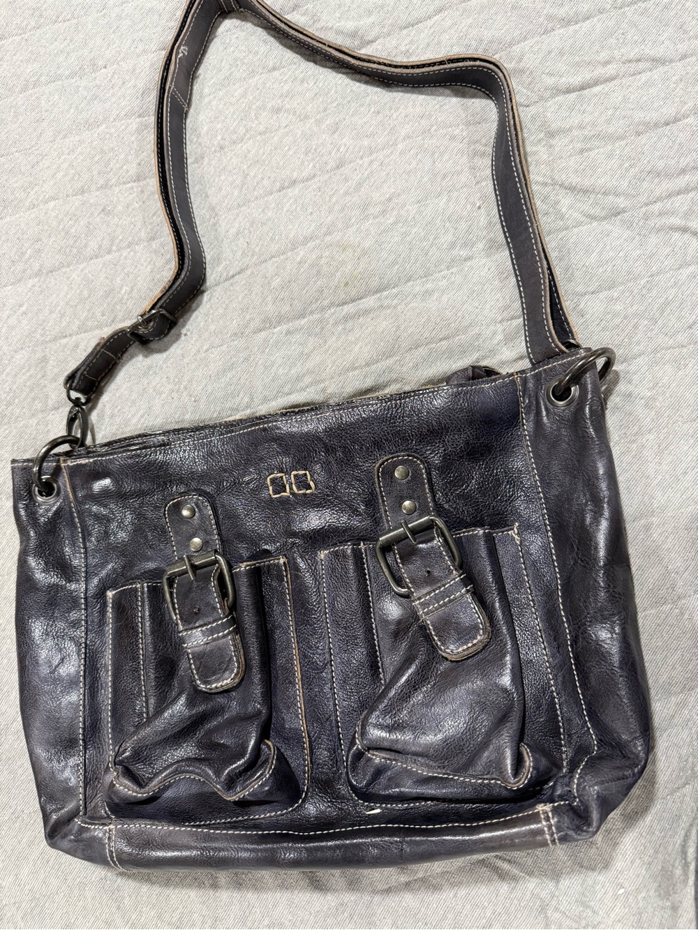 Bed Stu Black Leather Shoulder Bag with Buckle Front Pockets